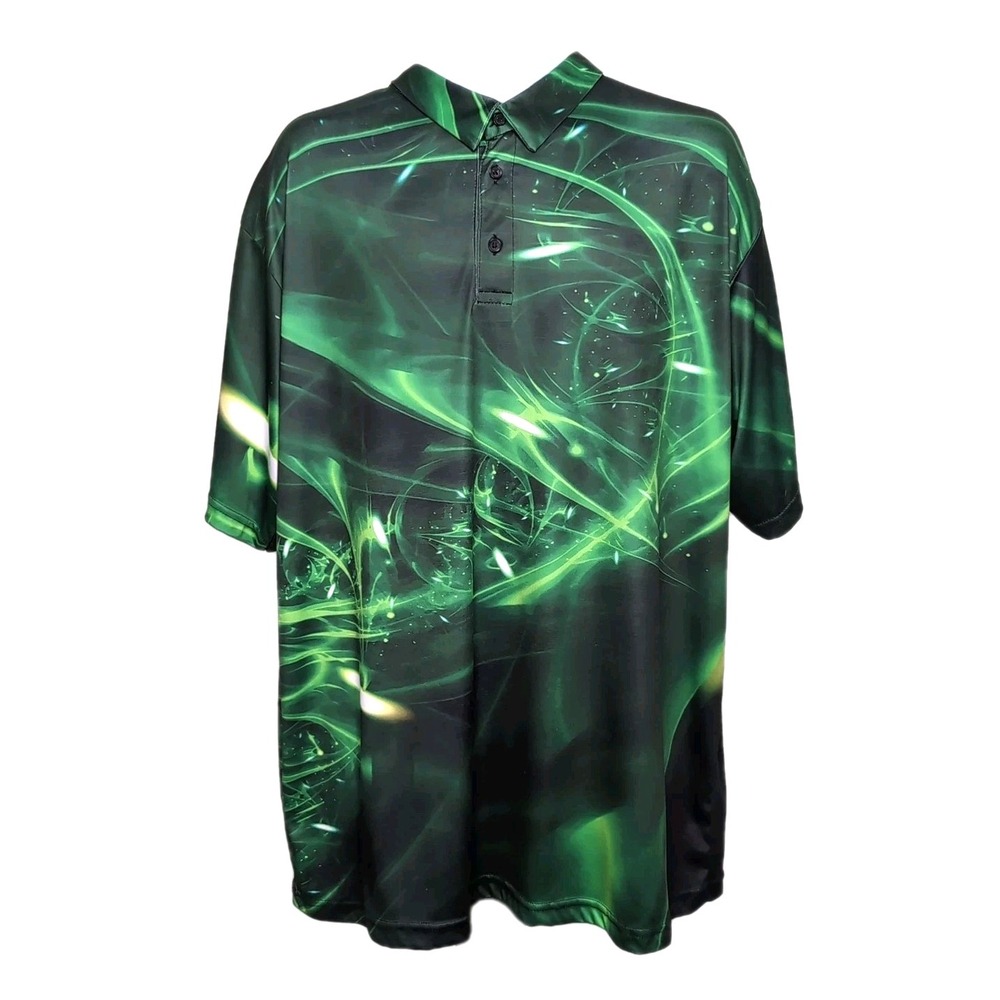 PLG Performance Golf Polo Shirt Men's 2XL Green Abstract Fractal Graphic‎